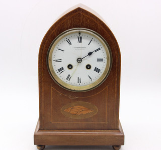 A Antique Mahogany Lancet Top Mantel Clock Gaydon & Sons Inlayed Wood 8 Day
