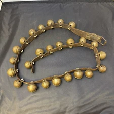 Antique - 25 Brass colored Sleigh Bells on Leather Strap w Buckle 50” long