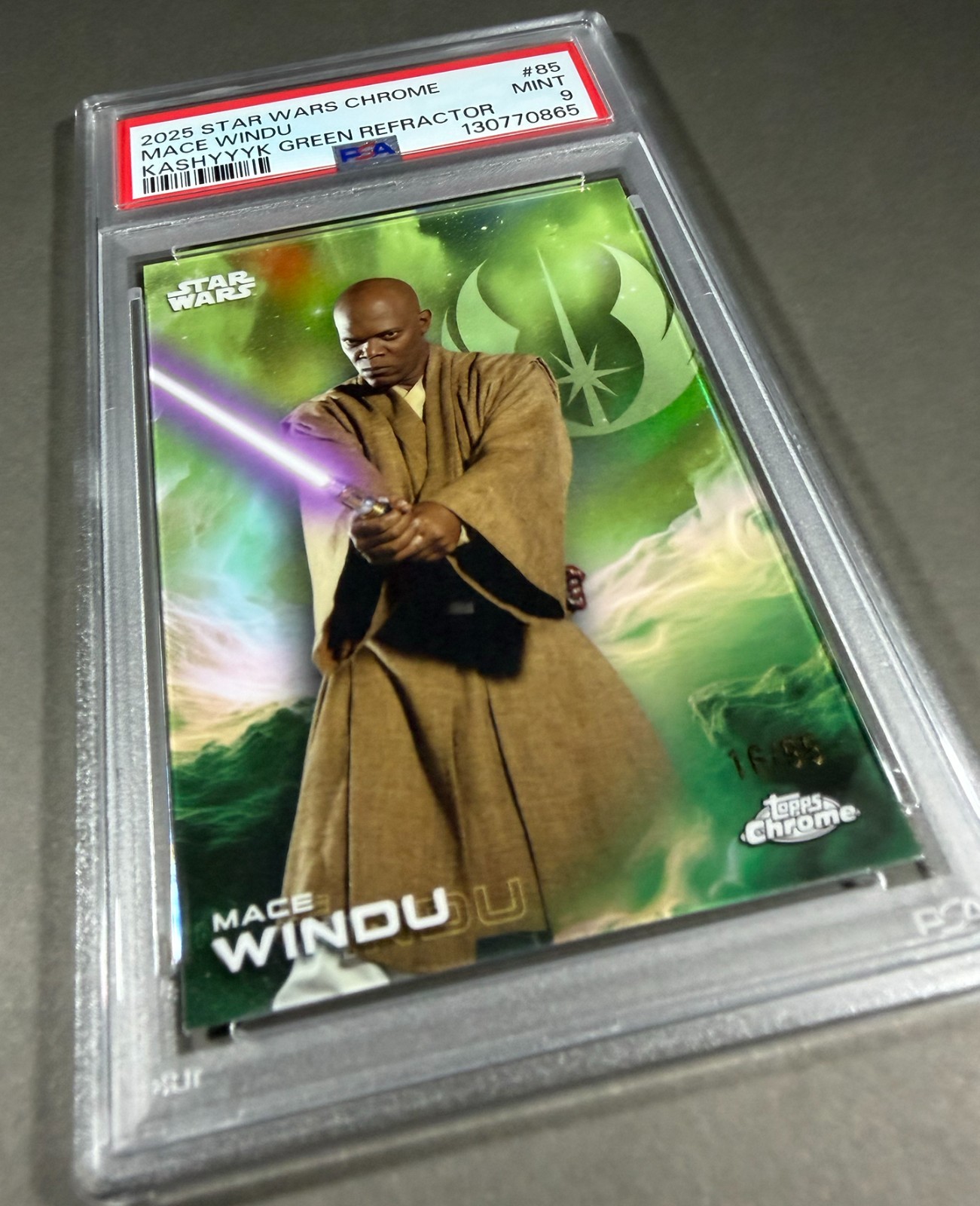 (PSA 9) 2025 Star Wars Chrome #85, “Mace Windu” Kashyyyk Green /99