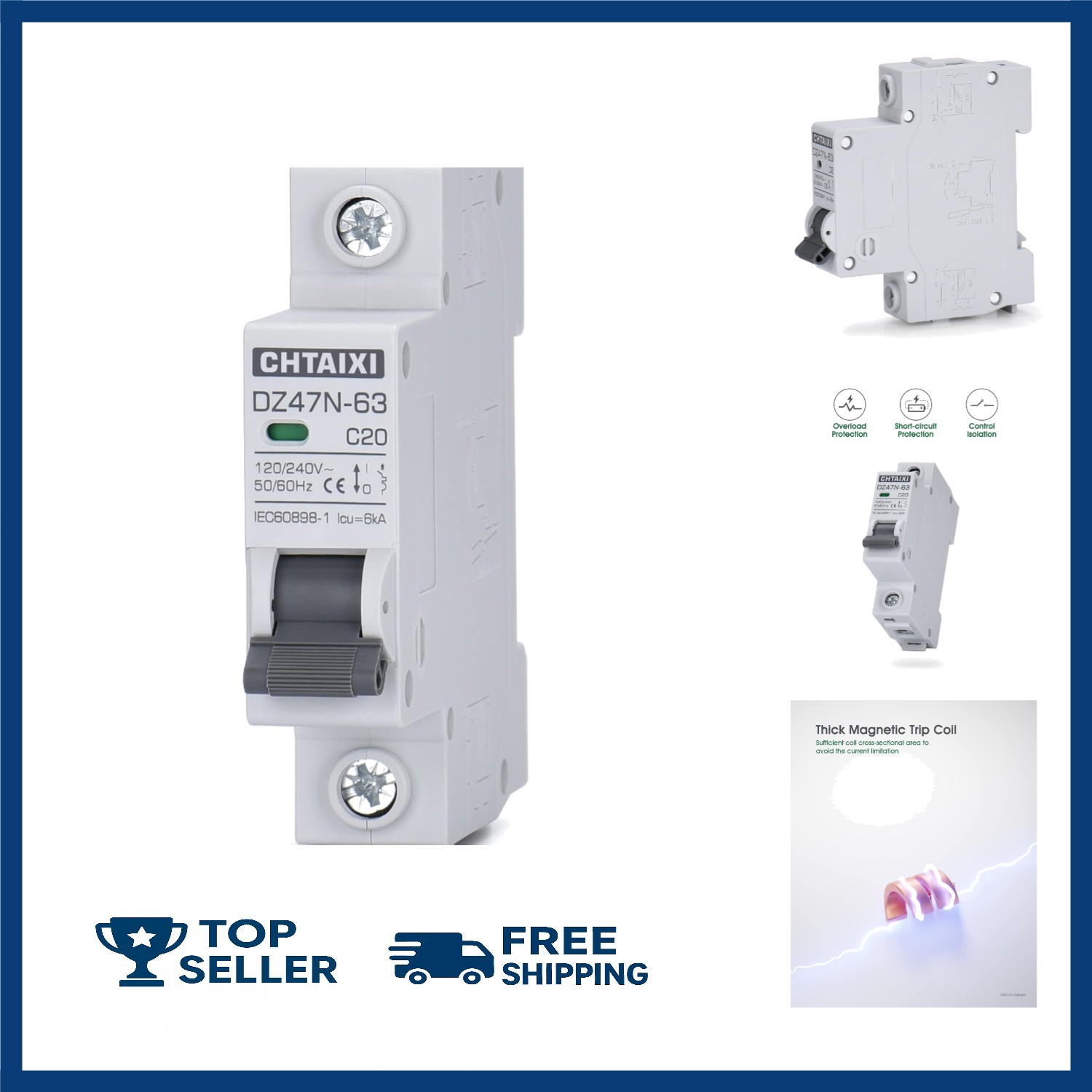 AC Miniature Circuit Breaker, 20 Amp 120V/240V 1 Pole DIN Rail Mount Circuit ...