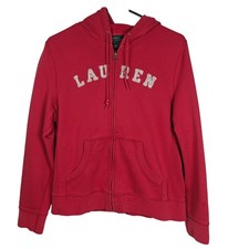 Vintage Ralph Lauren Women's M Sweatshirt Red Hooded Full Zip Spell Out