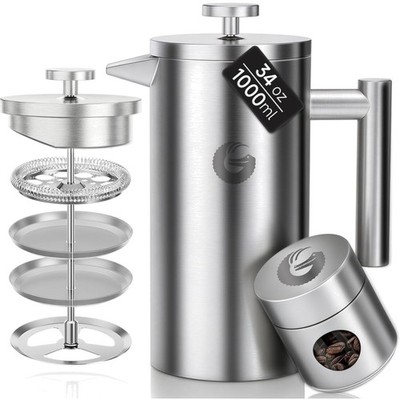 French Press Kaffee 1L Edelstahl doppelwandig, Cold Brew, Teekanne, Camping