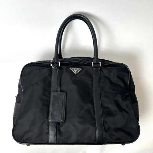 Prada Tessuto Nylon Saffiano Leather Boston Bag Black Travel Bag Auth