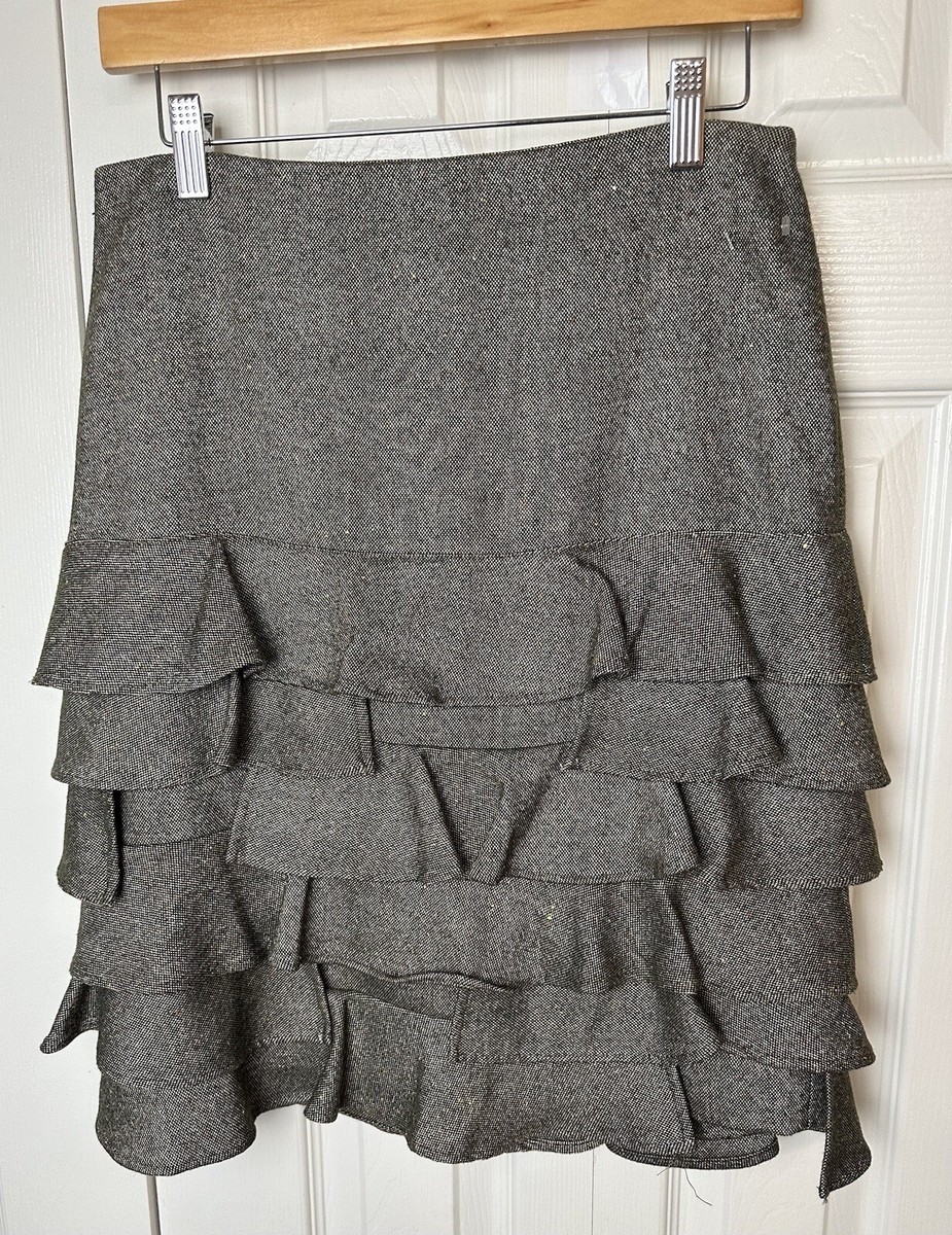 TALBOTS Ruffle Tweed Skirt Olive Green Wool Silk Tiered Career