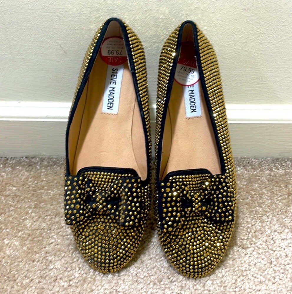 NWT Steve Madden Gold Rhinestones Studded Black Flats Loafers Size