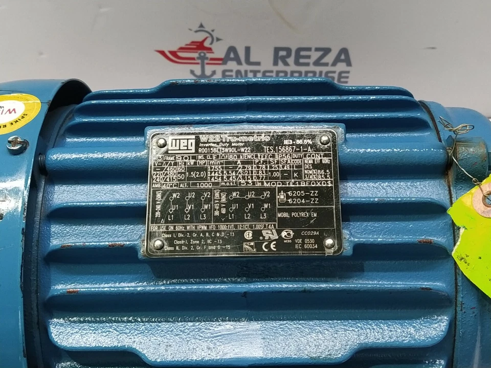 WEG R00158ET3W90L-W22 INVERTER DUTY MOTOR 2-HP 1755-RPM 460V - Image 3 of 4