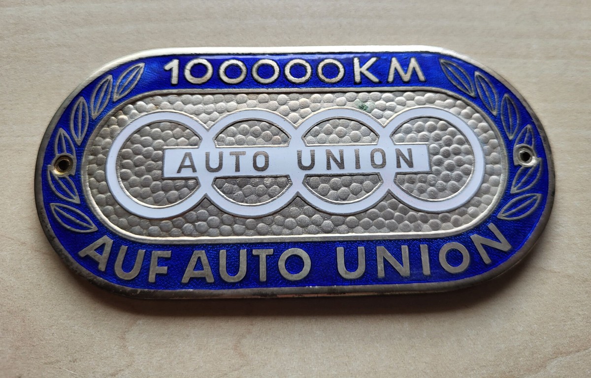 Vintage enamel DKW AUTO UNION (Audi) 100.000 KM emblem badge 