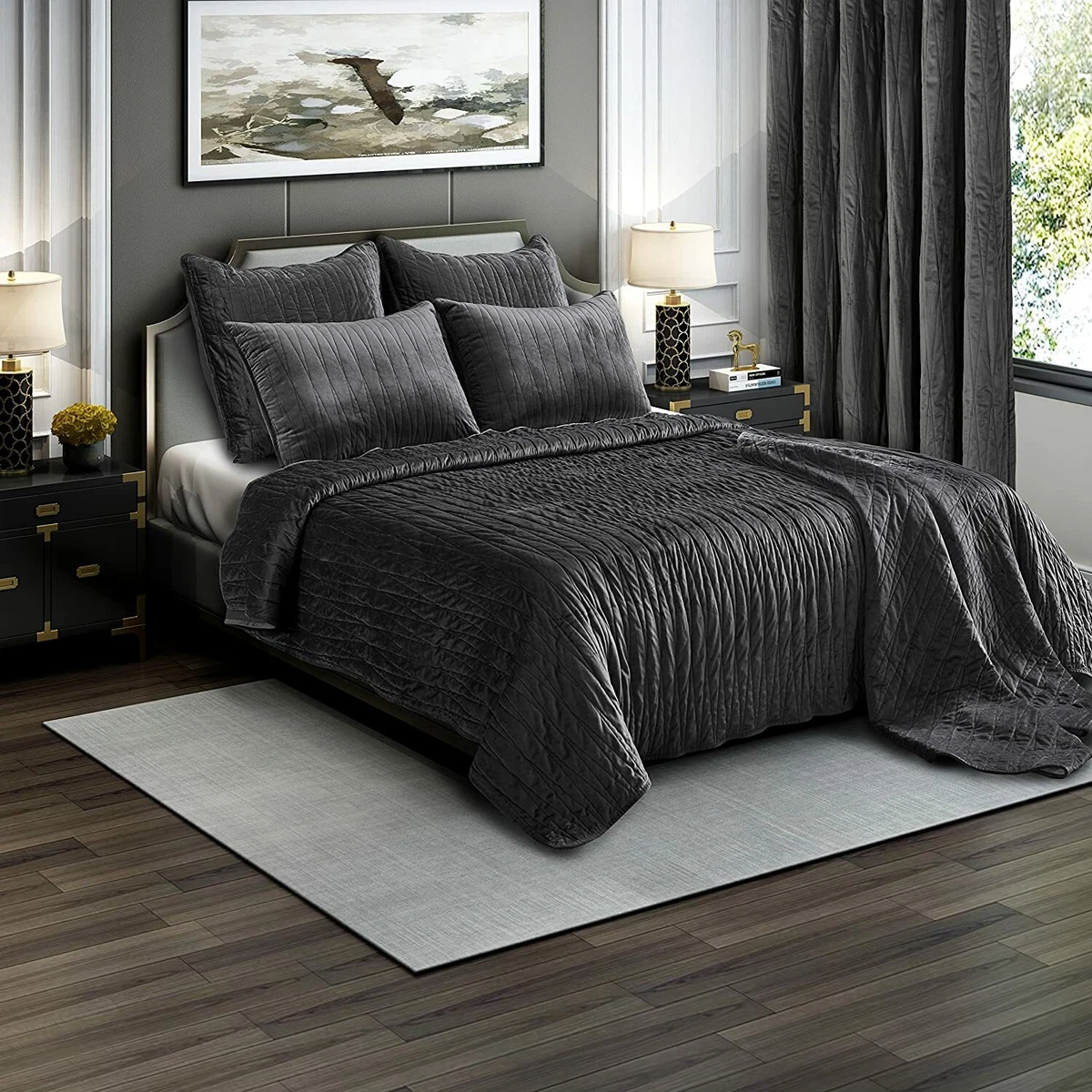 Brielle Premium Heavy Velvet Quilt Set with Cotton Backing King Charcoal