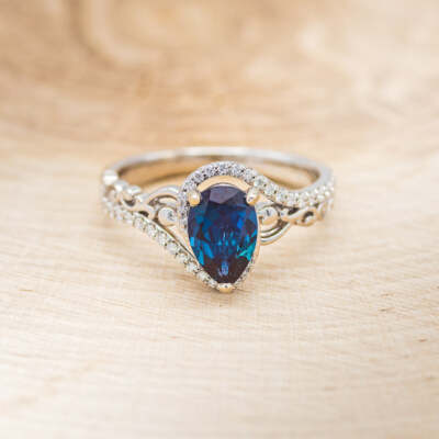 14K White Gold Pear Cut Lab Grown Alexandrite & Diamonds Accents Engagement Ring
