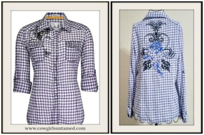 ROAR Womens Purple Plaid Embroidered Long Sleeve Pearl Snap Western Shirt M NWT