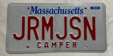 LICENSE PLATE  MASSACHUSETTS  CAMPER  VANITY JRM JSN