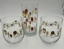 Vintage Libbey Crisa Owl Drinking Glass And 2 Wine Glasses. MCM