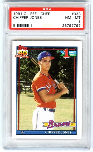CHIPPER JONES~RARE 1991 OPC O-PEE-CHEE PSA-8 NM-MT SUPER HOT ROOKIE RC CARD #333