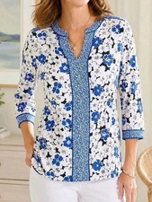 Talbots Blue Floral Tunic Top Sz MP Medium Petite Classic Preppy Office Modest