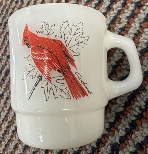 Vintage Milk Glass Anchor Hocking Fire King RED CARDINAL BLUE JAY mug