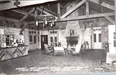 Abe Martin Lodge Brown County State Park Indiana 1956 Postcard Lobby Interior