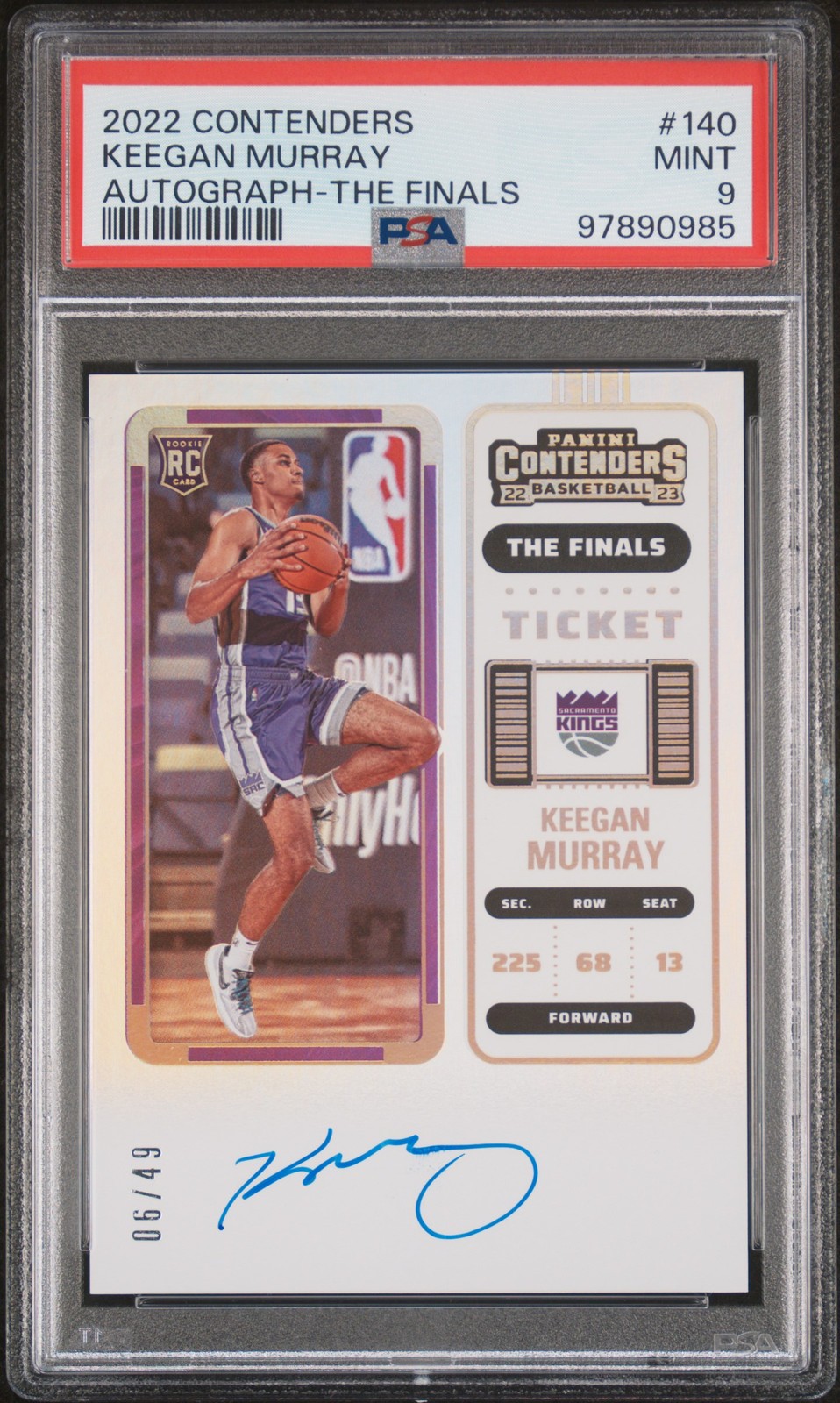 2022 PANINI CONTENDERS FINALS TICKET #140 KEEGAN MURRAY ROOKIE AUTO 6/49 PSA 9