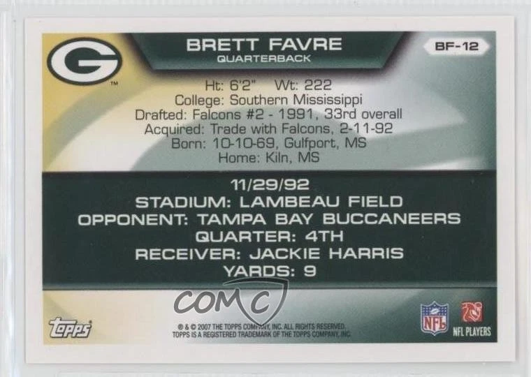 2007 Topps Brett Favre Collection Brett Favre #BF-12 HOF - Image 2 of 2