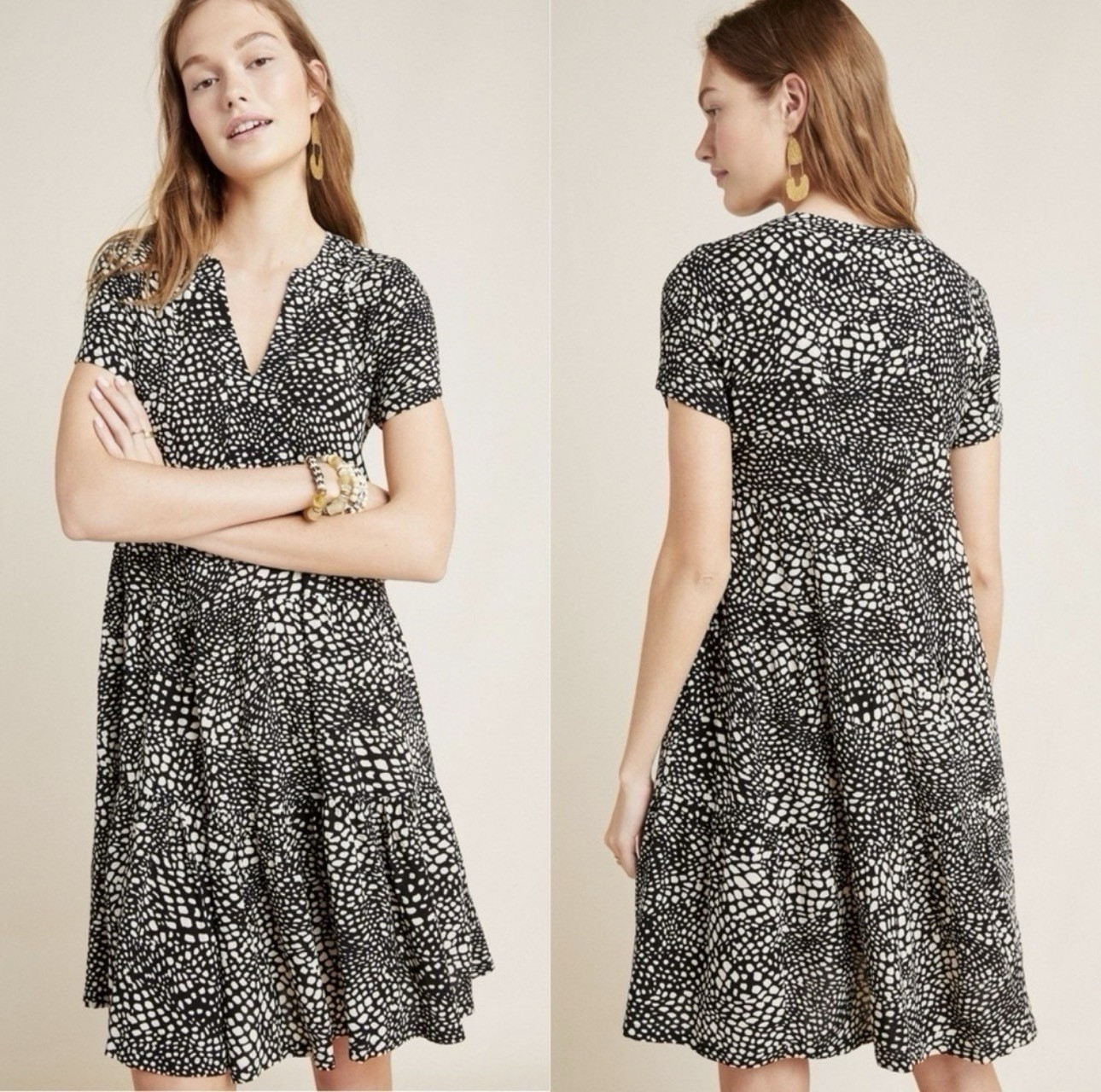 Maeve by Anthropologie Black White Geometric Tunic Dress Short Sleeve V-Neck XS