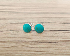 925 Sterling فضي - Round Shaped Turquoise 6mm - 8mm Stud أقراط