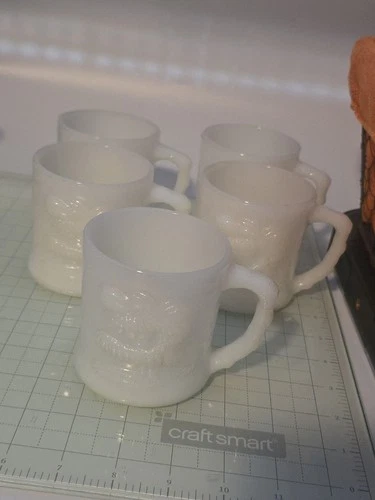 5 Vintage B.C. Comic GROG Milk Glass Mug Coffee Cup Johnny Hart Fire King Comics