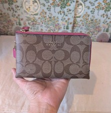 COACH Wristlet Wallet Signature Logo Medium F87591 Khaki/Magenta Pink Double Zip