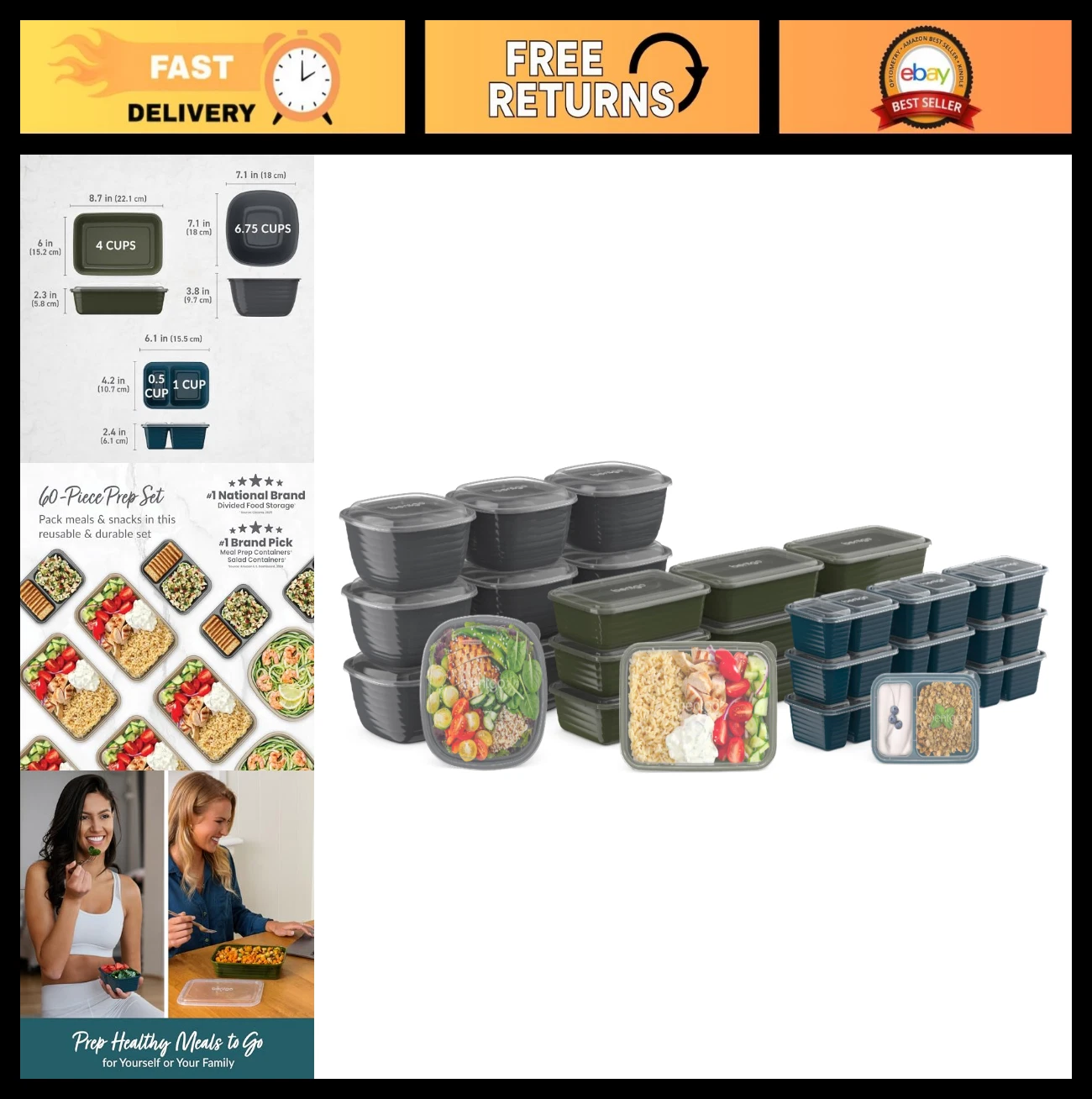 60-Piece Meal Prep Kit - Reusable BPA-Free Food Containers, Snack Boxes & Trays