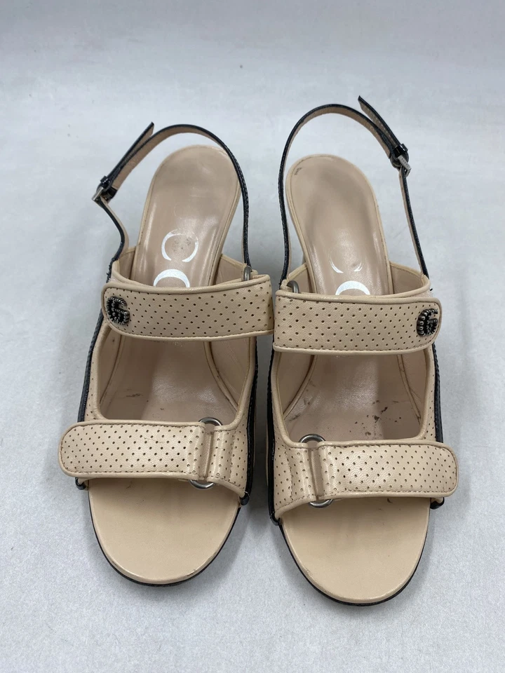 Gucci Interlocking G Beige Leather Slingback Buckle Heels W 7 - Image 2 of 4