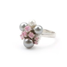925 Silber Cocktail Cluster Ring mit rosa Kristallen und Kunstperlen Größe N 1/2