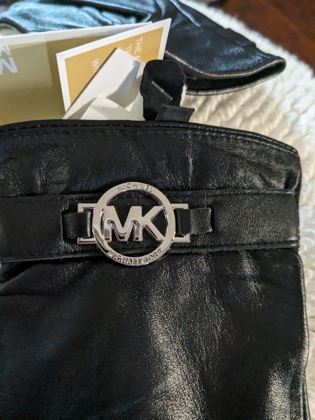 Michael Kors Black Leather Gloves Silver Circle Logo Womens Medium NWT