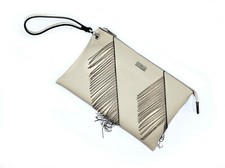 Borsa da donna Pochette Gattinoni beige a mano frangie zip piccola