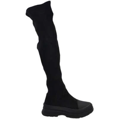 MALU SHOES Stivali combat camoscio nero con zeppa carrarmato 3 cm alti al ginocchio punta i