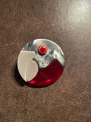 Lea Stein Signed Parrot Head Brooch Pin - Red And GreyColor