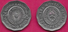 ARGENTINA 25 PESOS 1966  MOTIF OF 8 REALS COIN  EL SOL DE MAYO 1st ISSUE OF NATI