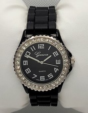 Ladies Geneva Quartz Sparkly Silver Tone Black Poly Band Analog Watch F9