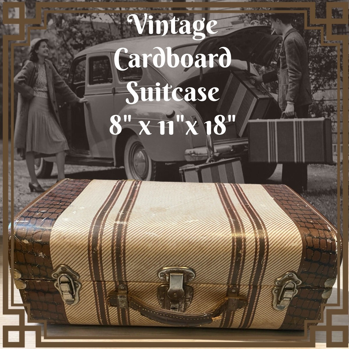 Vintage 1940s Cardboard Wood Leather Steamer Suitcase 8