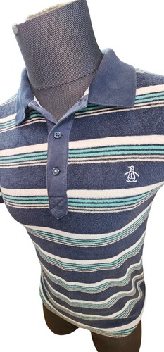 Penguin Terry Cloth Polo Mens Blue Aqua Stripes 1/4 Button Small Shirt - Picture 7 of 8