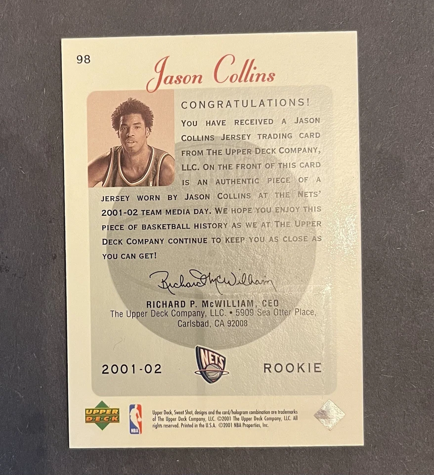 2001-02 Upper Deck Sweet Shot Base Jersey /1200 Jason Collins #98 Rookie Patch - Image 2 of 2
