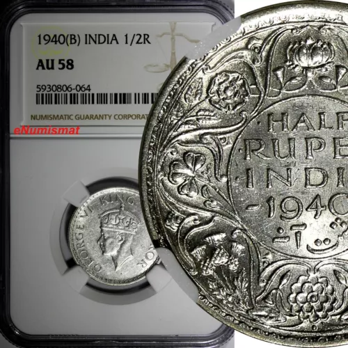 India-British George VI Silver 1940 (B) 1/2 Rupee Bombay NGC AU58 KM# 550a (064)