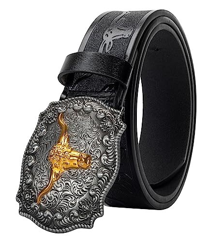 INOGIH Men-Western-Cowboy-Leather-Buckle-Belts For Waist 31''- 34'' Bull-black - Bild 7 von 7