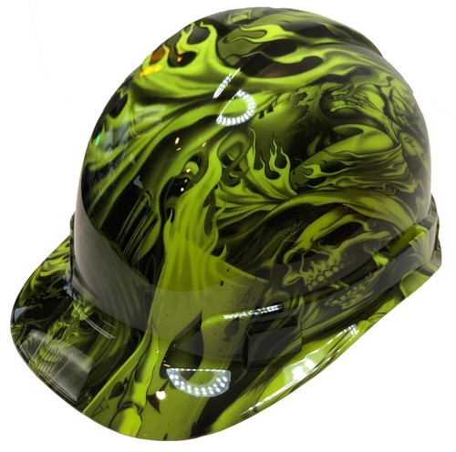 Custom Hydro Dipped Hard Hat Ridgeline Cap Style Hi Vis Green Ace Of Skulls - Picture 2 of 16