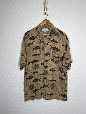 Vintage Columbia Camp Shirt Mens Medium Fish Map Compass Print