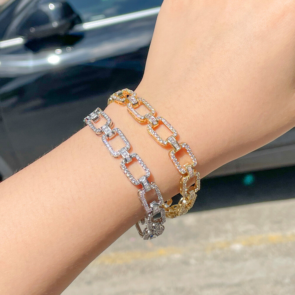 Yellow Gold Plated Cubic Zirconia Square Chain Link Bracelet for Women Pageant