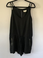 Lou  Grey Lyocell Linen Romper Zipper Pockets Black Keyhole Back Casual Size S