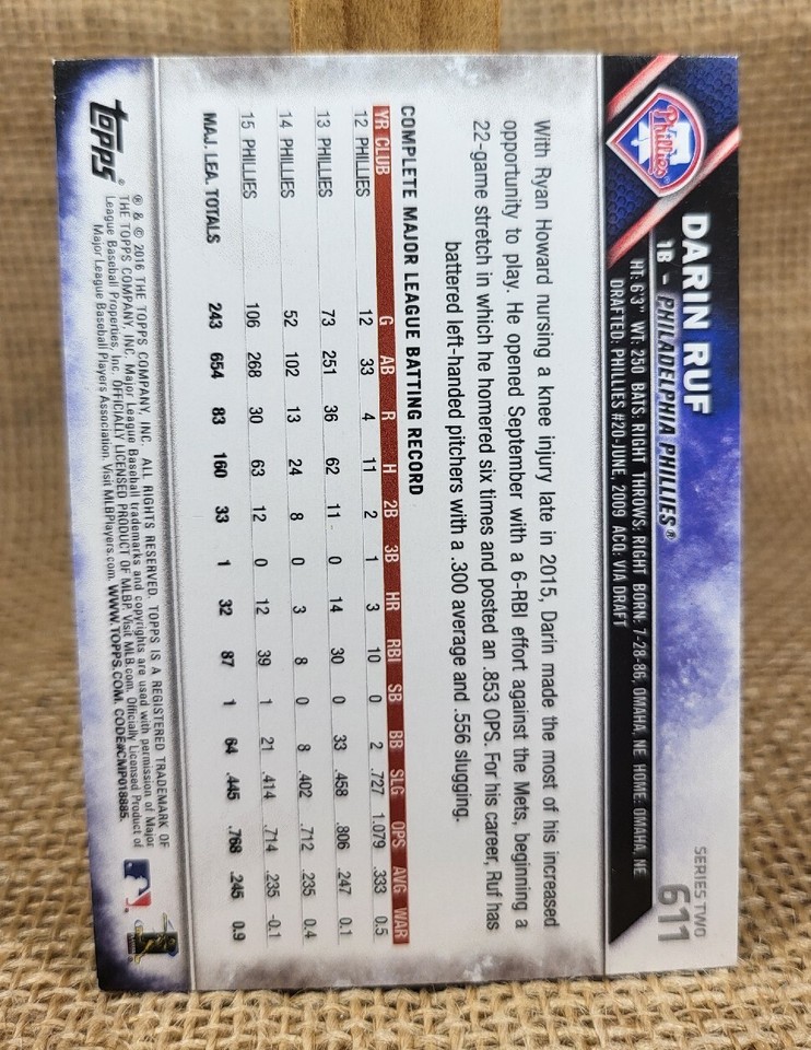 2016 Topps Series 2 Darin Ruf Baseball Card #611 Phillies FREE S&H A8 ...