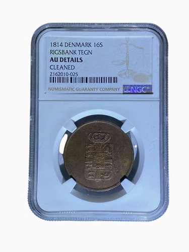 RARE 🔥 1814 Denmark 16 Skilling Rigsbank Token – NGC AU Details