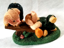 Vintage Pig Friends Playing Seesaw Resin Figurine 3.5x2.5" Farm Rural Cottage