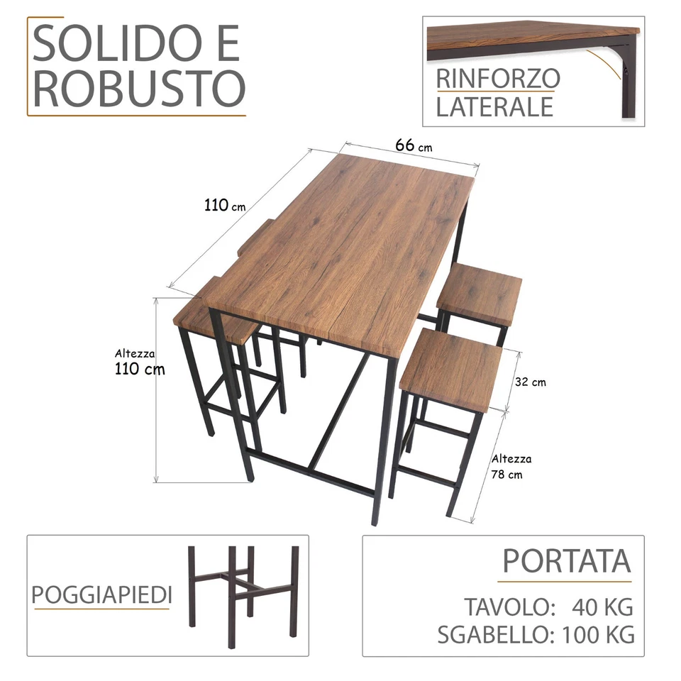 Set Tavolo Bar Rettangolare e 4 Sgabelli Alti Mod. FIRENZE Marrone H.110 Design - Immagine 3 di 4