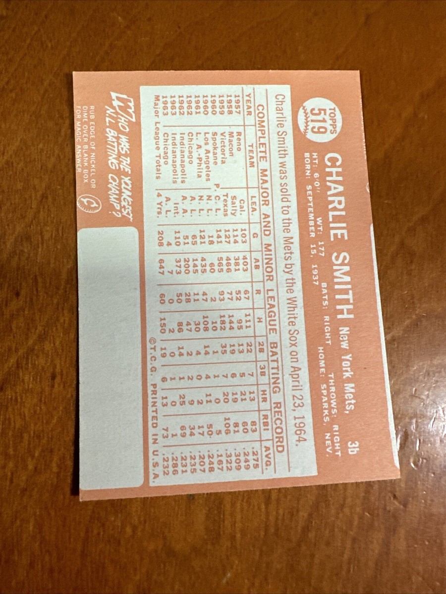 タレントカード RT-196470 1964 Topps #519 Charlie Smith BASEBALL New York Mets Nm Oc | eBay