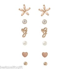 SET OF 6 GUESS GOLD TONE,PINK EARRINGS;HEART,FLOWER,PEARL,"G"+RHINESTONE STUDS